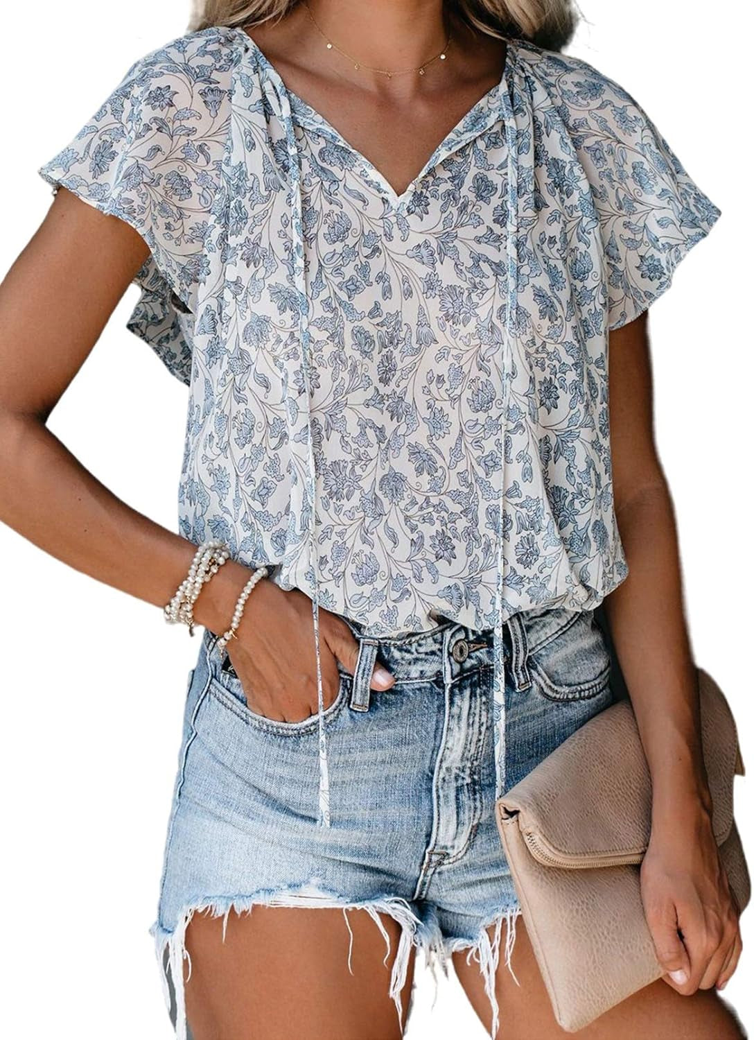 Women'S Casual Boho Floral Printed V Neck Tops Drawstring Short Long Sleeve T Shirt Blouses