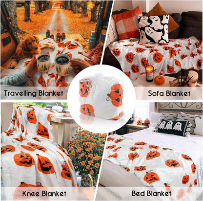 Halloween Blanket,Orange Halloween Pumpkin Face Blanket,Halloween Pumpkin Gifts for Women,Halloween Flannel Fleece Throw Blanket for Home Living Room Bed Chair Decor 60"X50"