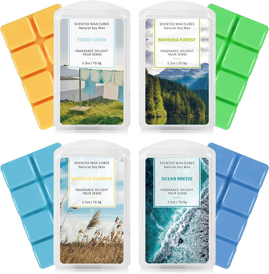 Wax Melts, Wax Cubes, Soy Wax Cubes for Wax Warmer, Ocean Breeze, Fresh Linen, Bohemia Forest, Winds in Summer, 4 X 2.5 Oz