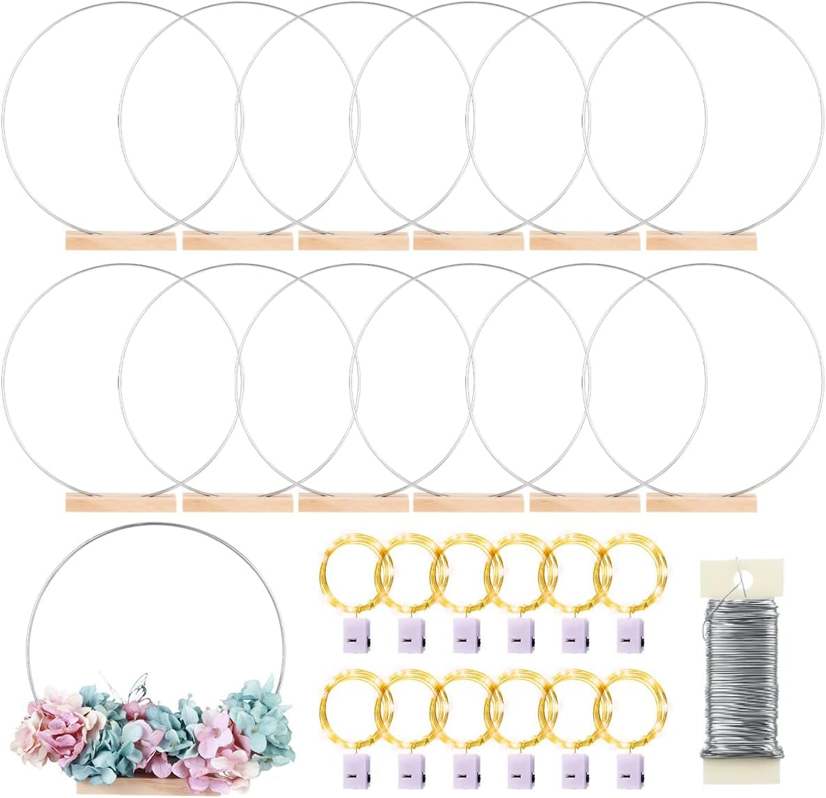 12 Pack Floral Hoop with Stand and LED Fairy Lights 14 Inch Metal Rings for DIY Centerpiece Table Decorations Crafts Macrame Rings Hoop Wreath Dream Catcher Rings Wedding Christmas Wreaths, Silver