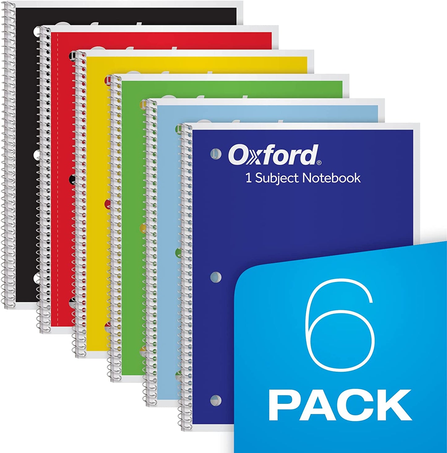 Spiral Notebook 6 Pack, 1 Subject, Wide Ruled Paper, 8 X 10-1/2 Inch, Blue, Yellow, Red, Light Blue, Green and Black, 70 Sheets (65010)