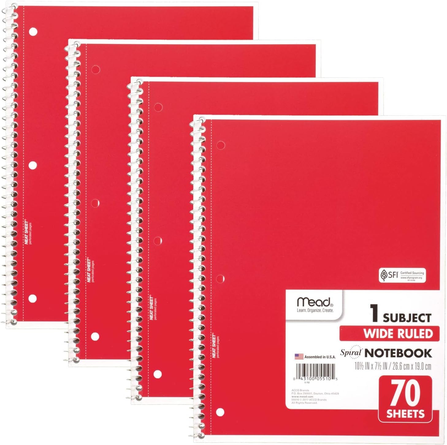 Spiral Notebook, 4 Pack, 1-Subject, Wide Ruled Paper, 7-1/2" X 10-1/2", 70 Sheets per Notebook, Colors Will Vary (72873)