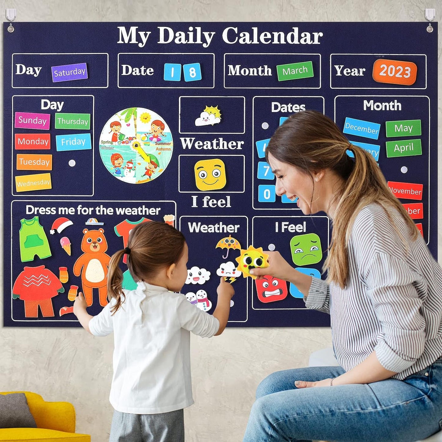 My First Daily Calendar-Preschool Classroom Must Haves, Circle Time Learning Center, Days of the Week Chart for Toddlers Learning, Classroom Calendar for Kids, 3.3Ft Felt Board for Toddlers