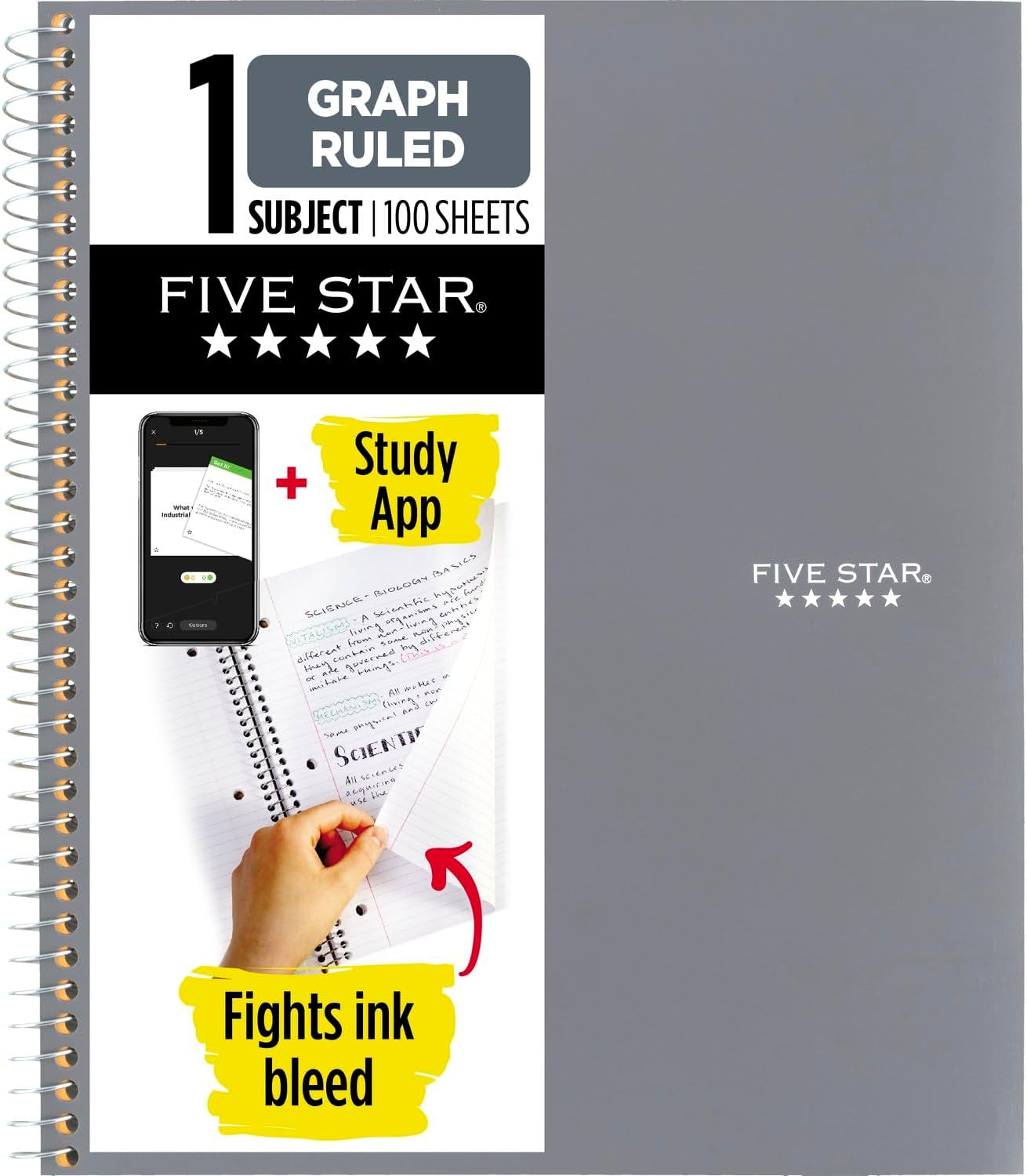 Spiral Notebook + Study App, 1 Subject, Graph Ruled Paper, Fights Ink Bleed, Water Resistant Cover, 8-1/2" X 11", 100 Sheets, Black (73679)