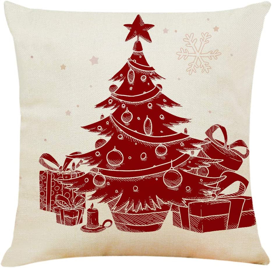 4PCS 18"X18" Throw Pillow Covers Christmas Decorative Couch Pillow Cases Cotton Linen Pillow Square Cushion Cover for Sofa, Couch, Bed (Red and Beige)