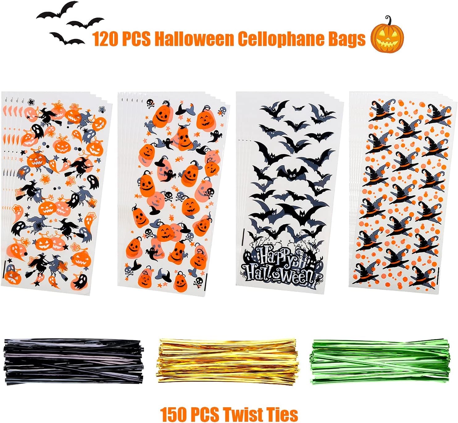 Halloween Cellophane Bags,120Pcs Halloween Clear Cellophane Candy Gift Treat Bags for Halloween Party Favors Supplies