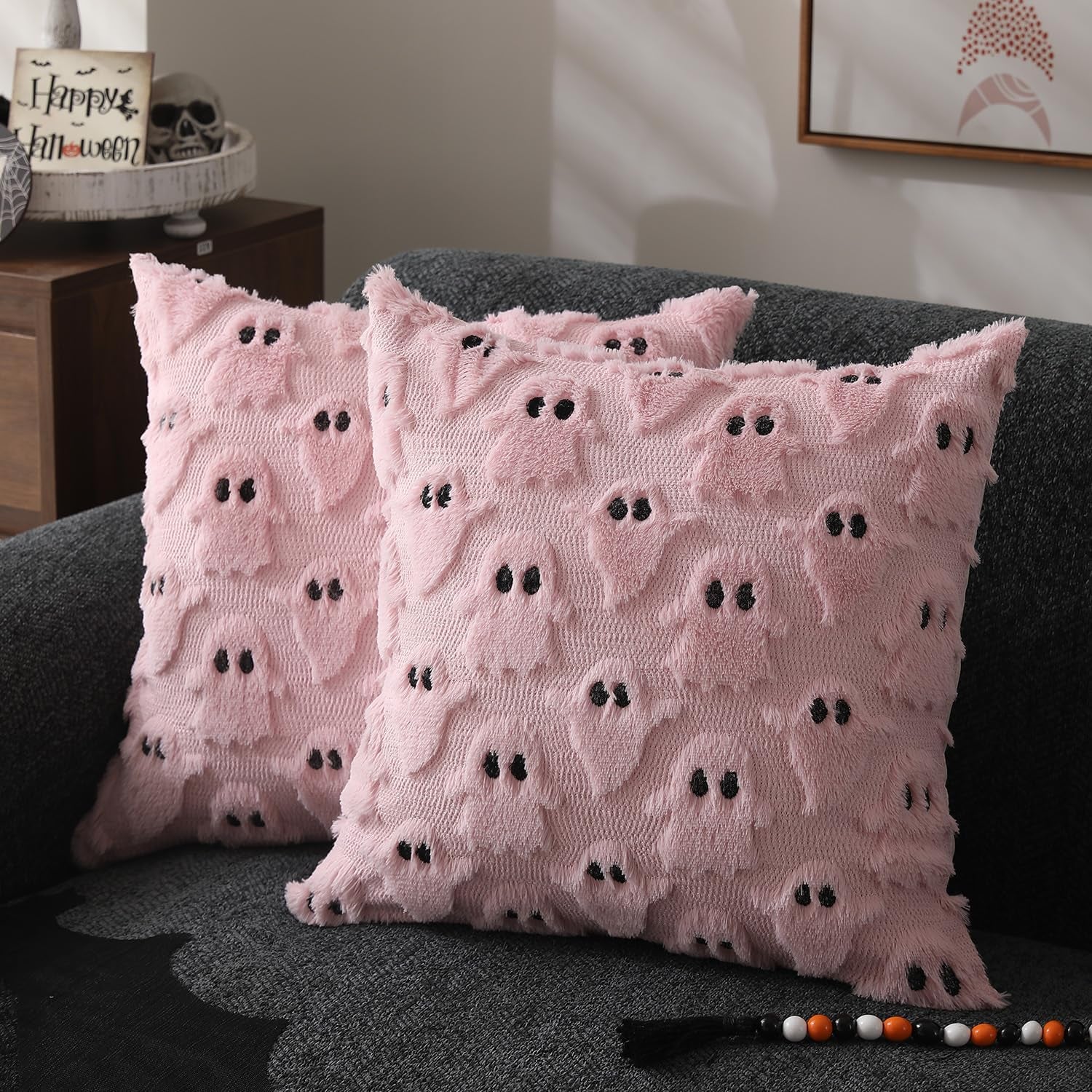 Halloween Pillow Covers 20X20 Inch Set of 2 Pink Ghost Throw Pillow Cases Soft Plush Faux Fur Wool Couch Cushion Case for Chair Sofa Bedroom Living Room Home Decor PTK03B20