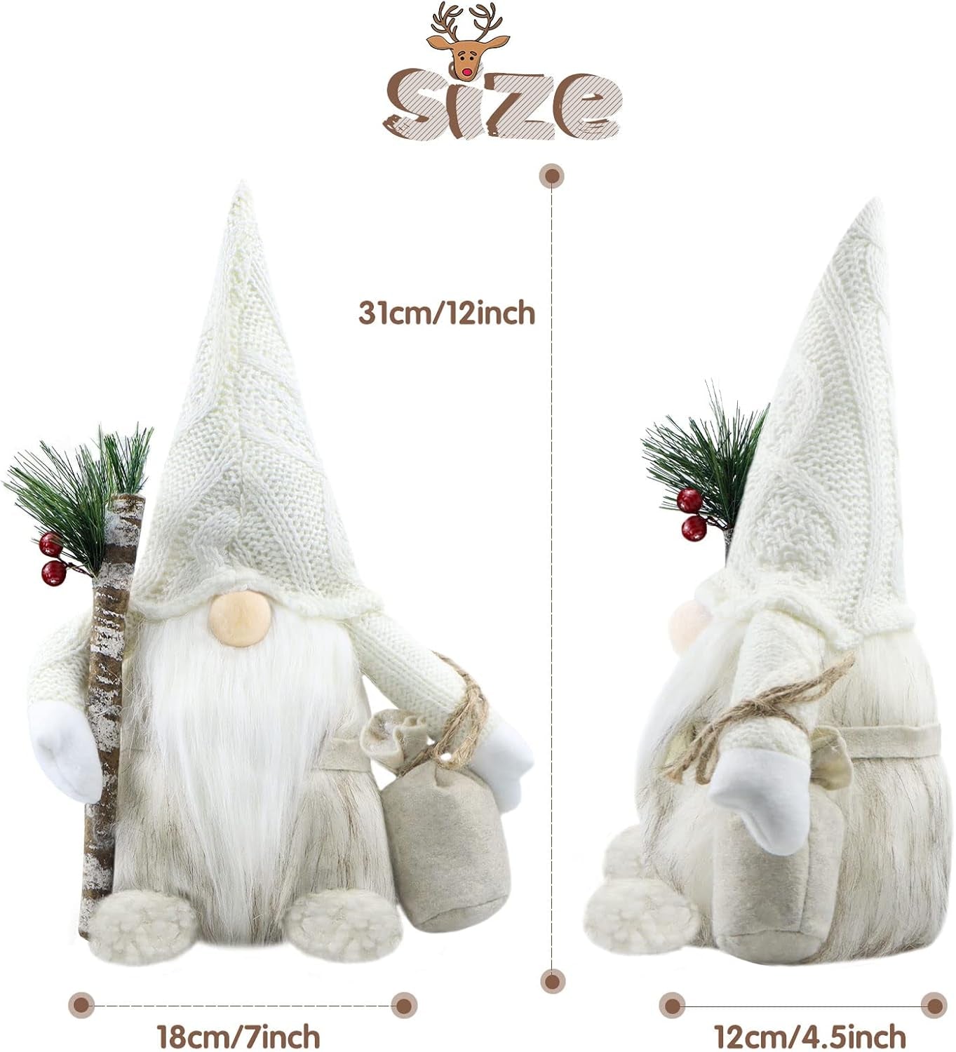 Christmas Gnomes Plush Decorations Gift Handmade Scandinavian Tomte Stuffed Santa with Branch and Bag Xmas Decor for Home Kitchen Farmhouse Tiered Tray - White