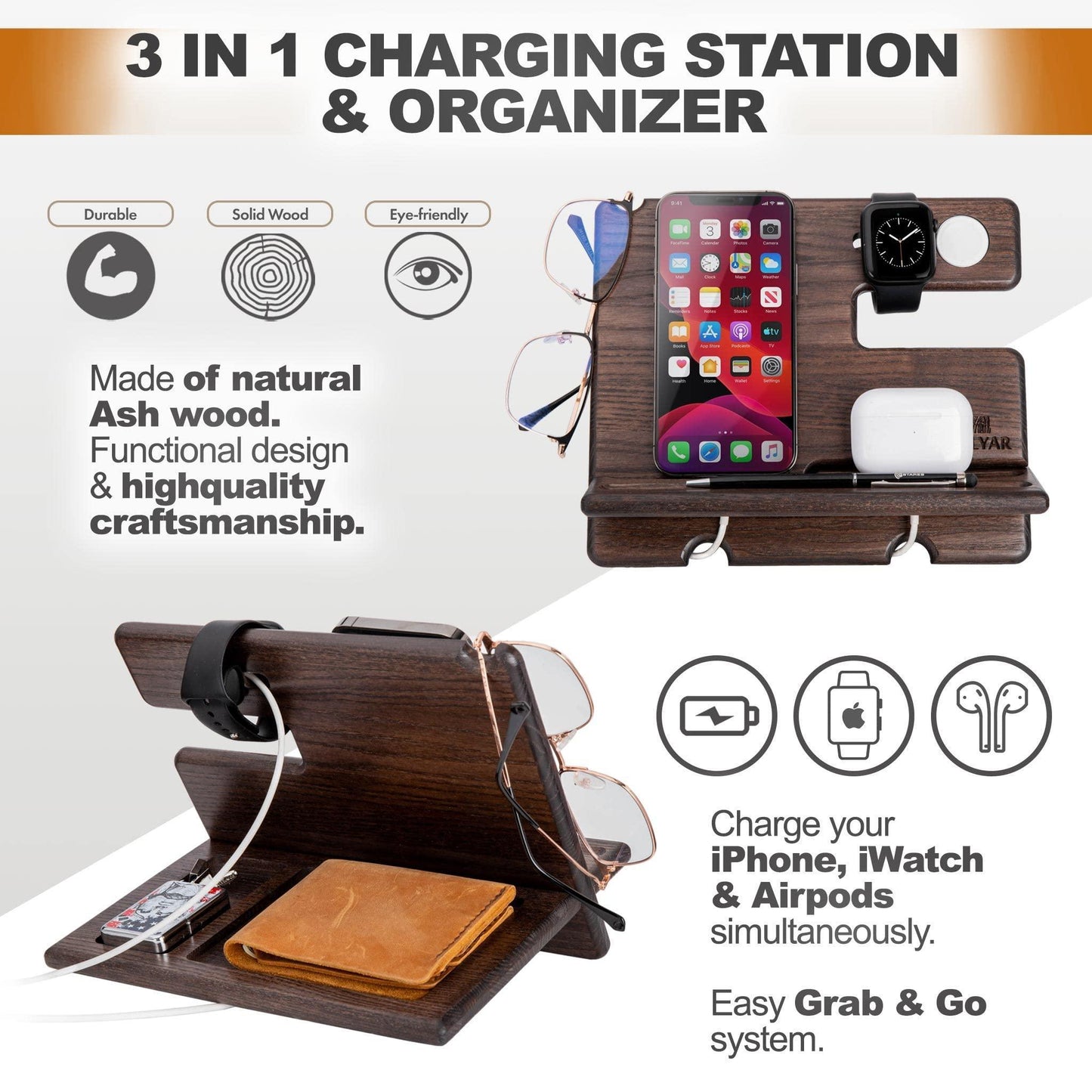 Wood Phone Docking Station Ash Key Holder Wallet Stand Watch Organizer Men