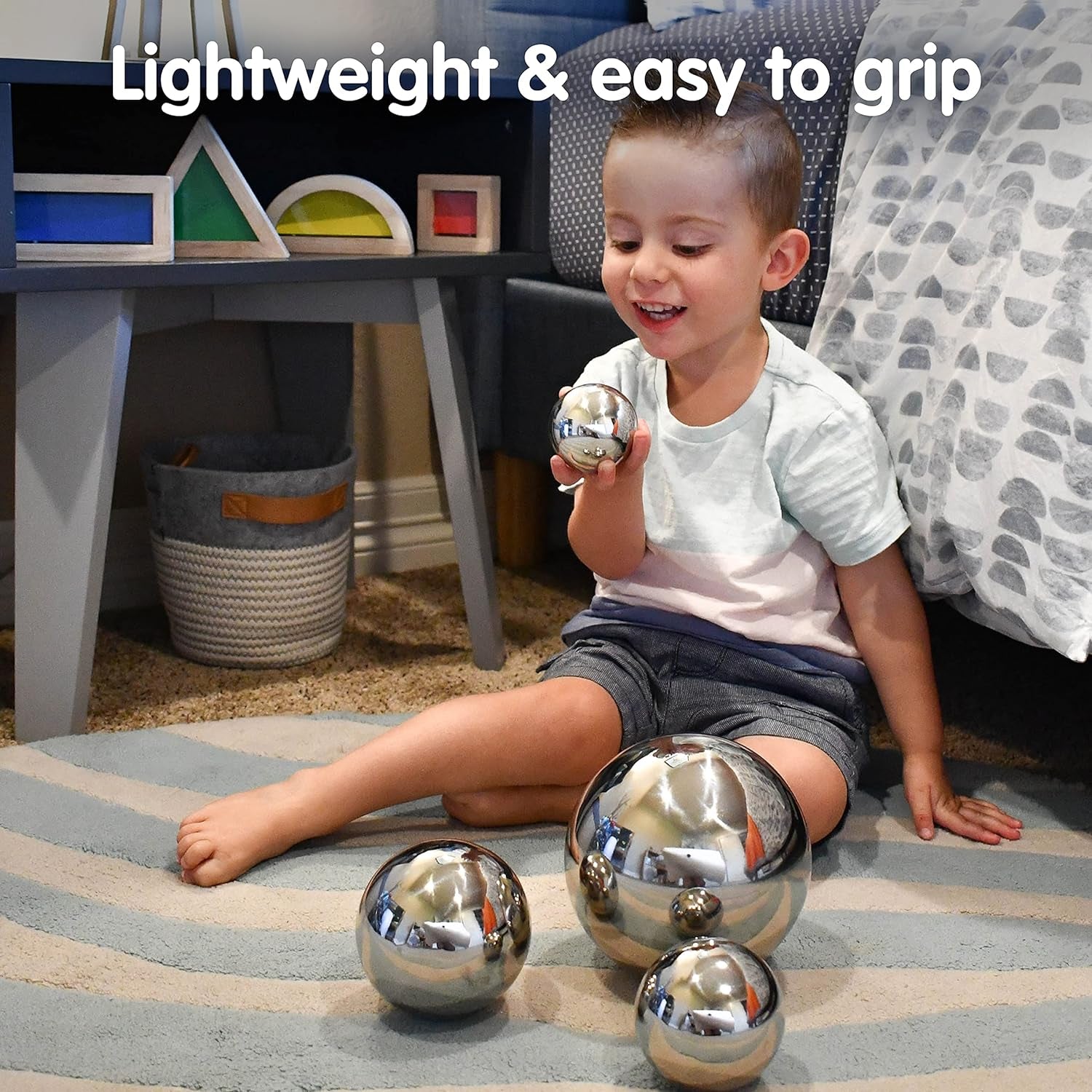 Tickit - 9322 Sensory Reflective Balls - Set of 4 - Mirrored Spheres for Babies and Toddlers - Stainless Steel Sensory Balls for Reflections and Color - for Stylish Nurseries and Bedrooms