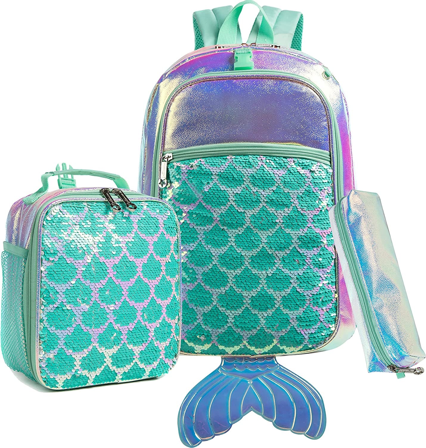 Kids Backpack for Gilrs School Mermaid Backpacks with Lunch Box for Elementary Kindergarten Cute 4 in 1 Bookbag for Girls