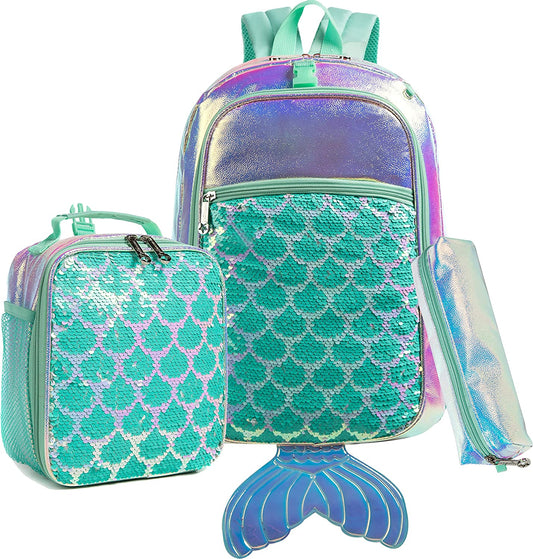 Backpack for Girls Mermaid Magic Sequin School Bag with Lunch Box Girls Backpack Set for Elementary Preschool Bookbag