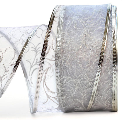 Wire Edged Ribbon Silver Sheer Organza Gift Wrap Ribbon 50 Yards X 2.5 Inch Wide Clearance Metallic Wired Trim & Glitter Decorative White 1 Roll Large