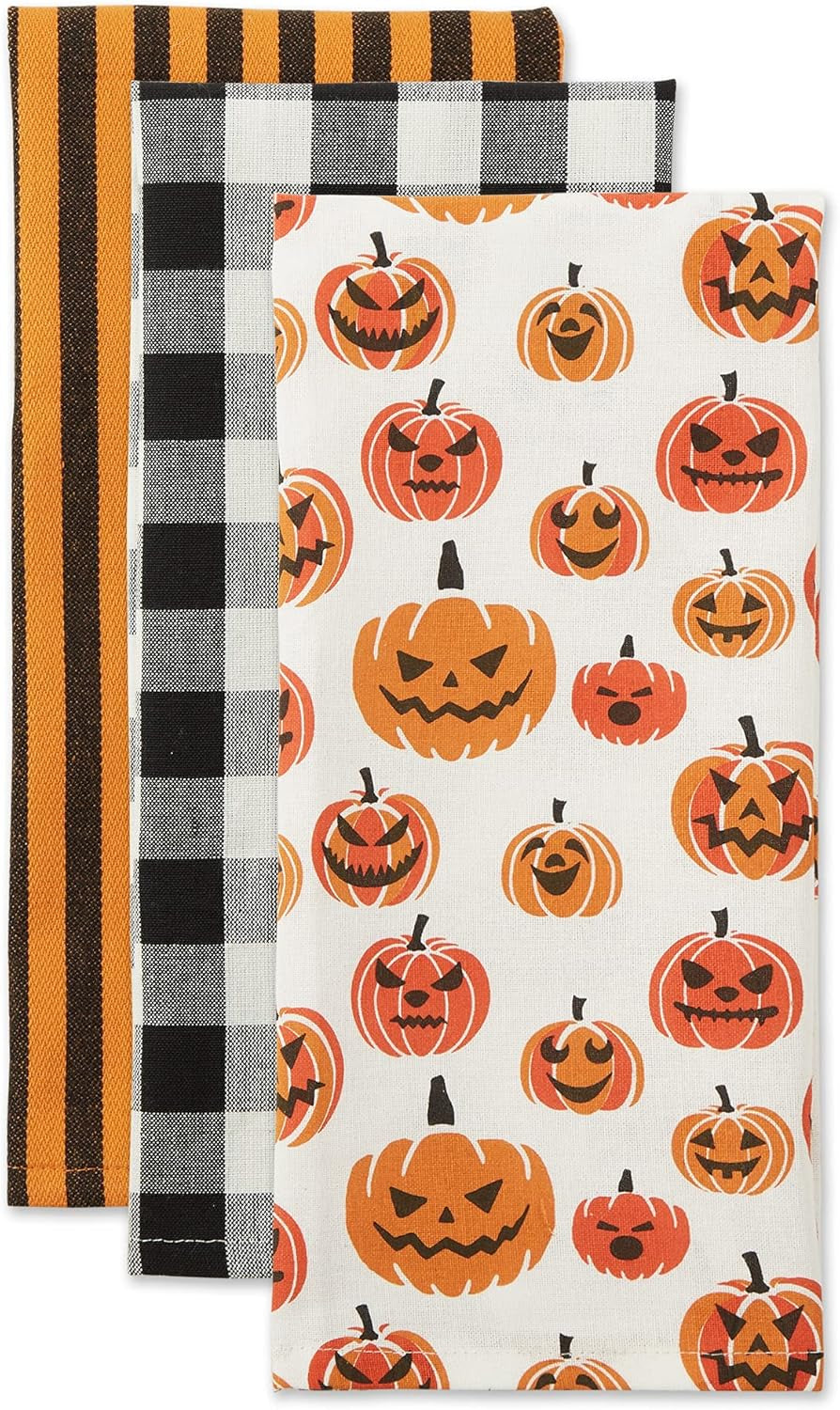 Halloween Hand Towels for the Kitchen Decorative Spooky & Fun Cotton Printed Dishtowel Set, 18X28, Monster Bash, 3 Count