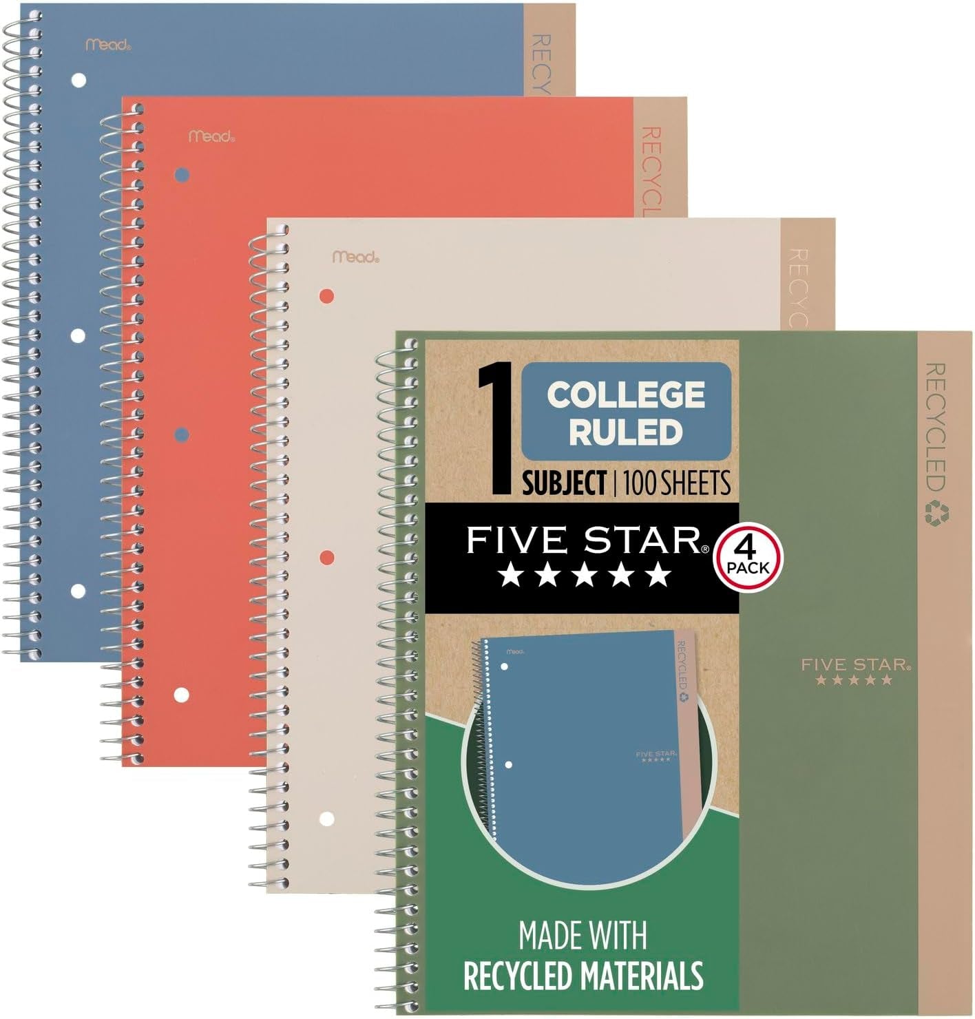 Spiral Notebooks + Study App, Recycled Cover, 4 Pack, 1 Subject, College Ruled Paper, 8-1/2” X 11", 100 Sheets per Notebook, Zion Clay, Olympic Green, Glacier Blue, Smoky Gray(820046)