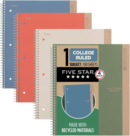 Spiral Notebooks + Study App, Recycled Cover, 4 Pack, 1 Subject, College Ruled Paper, 8-1/2” X 11", 100 Sheets per Notebook, Zion Clay, Olympic Green, Glacier Blue, Smoky Gray(820046)