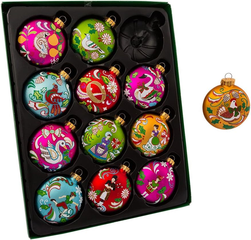 GG0638 65Mm 12 Days of Christmas Glass Ornament Set 12 Pieces