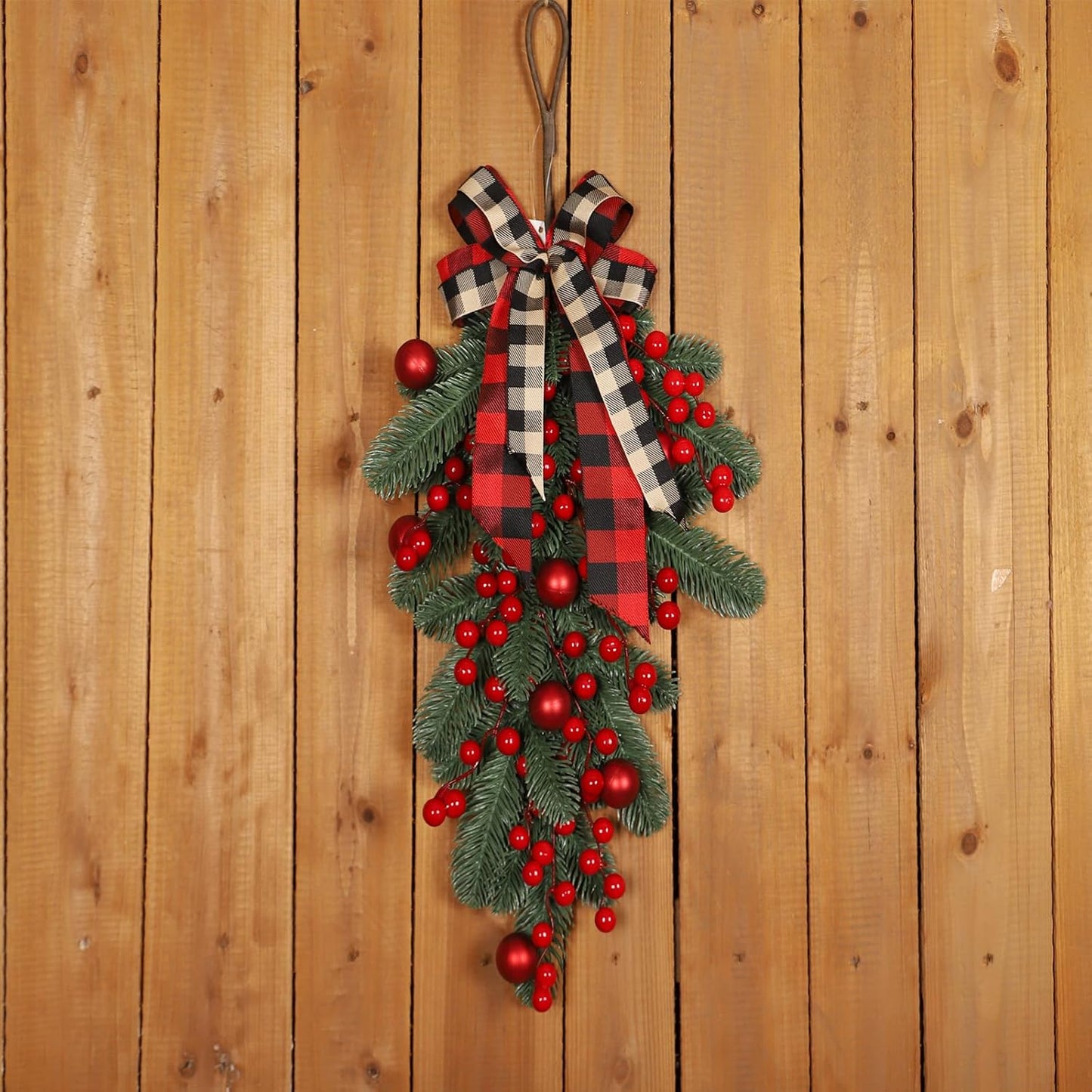 Christmas Swag Artificial Teardrop Swag Wreaths with Pine Cone Red Berry Christmas Ball Artificial Christmas Pine Branch Teardrop Door Swag Decoration for Xmas Front Door Outdoor Indoor Wall