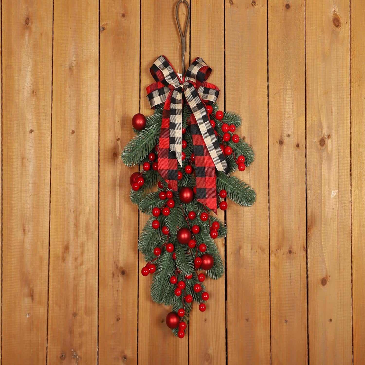 Christmas Swag Artificial Teardrop Swag Wreaths with Pine Cone Red Berry Christmas Ball Artificial Christmas Pine Branch Teardrop Door Swag Decoration for Xmas Front Door Outdoor Indoor Wall