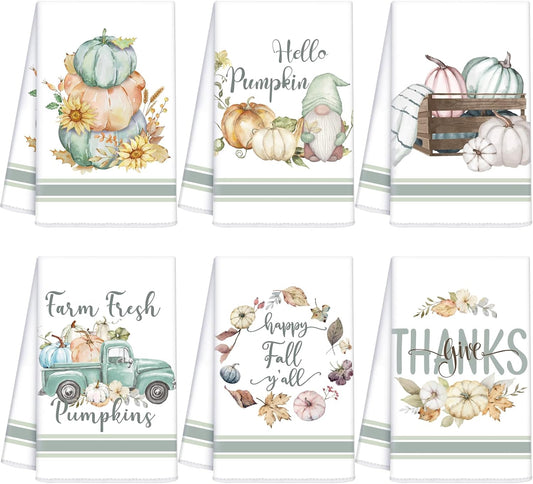 6Pcs Fall Watercolor Kitchen Towel Set Thanksgiving Autumn Pumpkin Truck Gnomes Fiber Dish Towels Vintage Autumn Tea Towel Set for Bathroom Home Cooking Baking