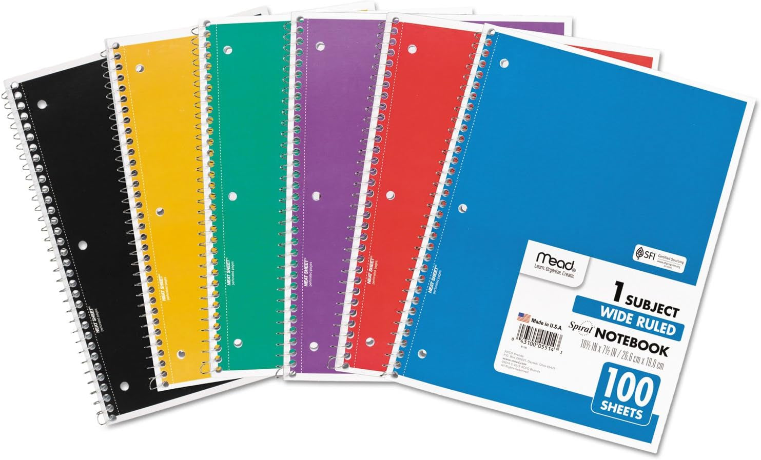 Spiral Notebook, 4 Pack, 1-Subject, Wide Ruled Paper, 7-1/2" X 10-1/2", 70 Sheets per Notebook, Colors Will Vary (72873)