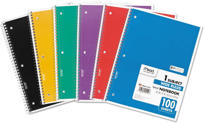 Spiral Notebook, 4 Pack, 1-Subject, Wide Ruled Paper, 7-1/2" X 10-1/2", 70 Sheets per Notebook, Colors Will Vary (72873)