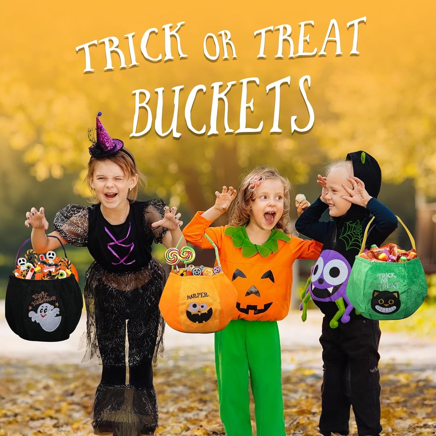 2 Pieces Halloween Bucket for Kids - Halloween Trick or Treat Buckets - Halloween Candy Buckets (Orange and Green).