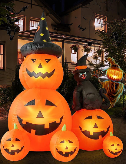 6 FT Halloween Inflatable Decorations Spooky Ghost Pumpkin Lighted and Witch'S Cat, Halloween Decorations Outdoor Inflatables Pumpkin Combo with Build-In LED Blow up Inflatables for Yard Garden