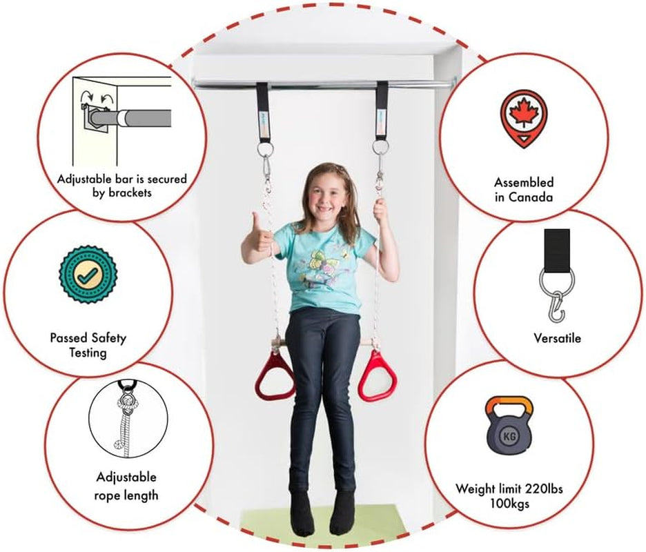 Doorway Sensory Swing Kit - Blue Compression Swing and Trapeze Bar with Red Gym Rings Combo