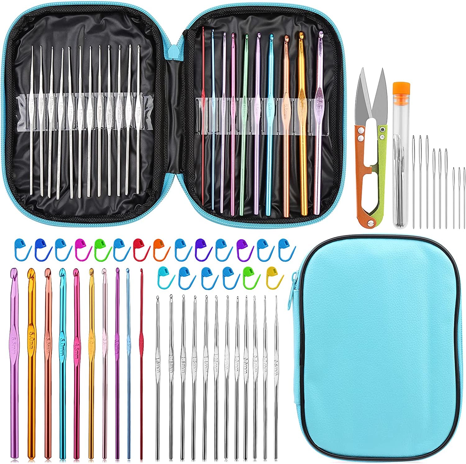 54 Pcs Crochet Needles Set, Crochet Hooks Kit with Storage Case, Ergonomic Knitting Needles Blunt Needles Stitch Marker DIY Hand Knitting Craft Art Tools for Beginners