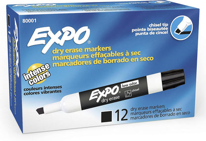 Low Odor Dry Erase Markers, Chisel Tip, Black, 12 Count