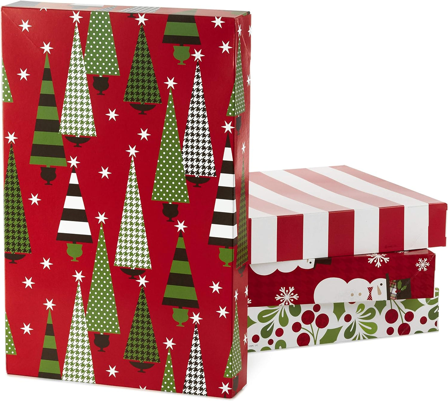 Medium Christmas Gift Boxes with Lids (12 Shirt Boxes, 4 Designs: Trees, Stripes, Snowmen, Holly) for Christmas, Holiday Parties, Hostess Gifts