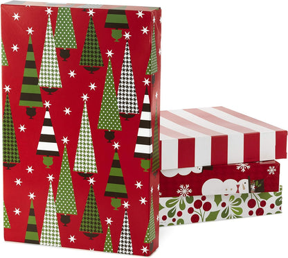 Medium Christmas Gift Boxes with Lids (12 Shirt Boxes, 4 Designs: Trees, Stripes, Snowmen, Holly) for Christmas, Holiday Parties, Hostess Gifts