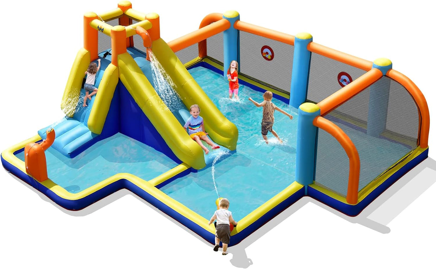 Inflatable Water Slide Park, 9 in 1 Mega Waterslide Bounce House for Outdoor W/Dual Slides, Giant Splash Pool, 735W Blower, Water Slides Inflatables for Kids and Adults Backyard Party Gifts