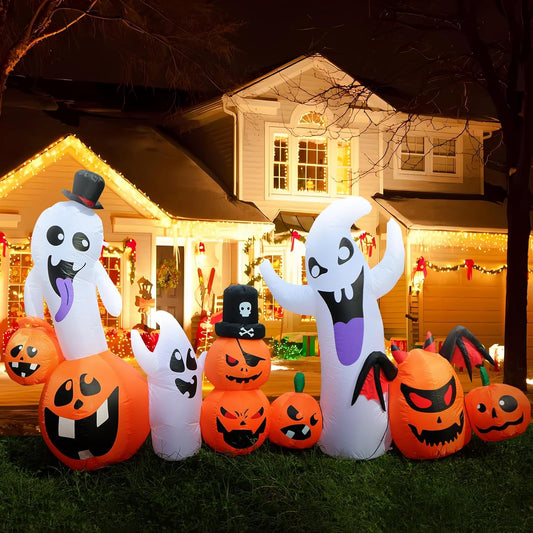 8 FT Halloween Inflatable Pumpkins with Ghosts Decorations Outdoor, Blow up Yard Decoration with Built-In LED Lights Décor for Outdoor Lawn Garden Holiday Party