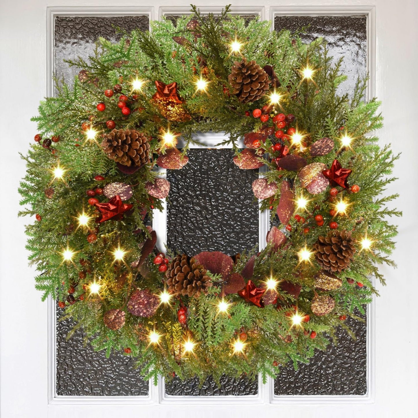 24'' Artificial Christmas Wreath with Lights, Red Berry & Pine Cones, Battery Operated Christmas Wreaths for Front Door, Window, Fireplace, Wall, Christmas Decorations for Indoor and Outdoor