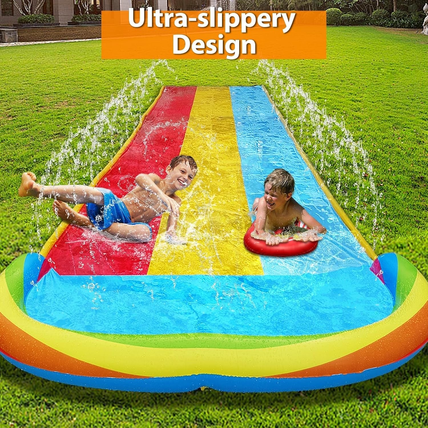 Slip Water Slide with Sprinklers, 22.5Ft Slip and Slide with 3 Inflatable Bodyboards and Splash Pool Waterslide for Kids Backyard Lawn Outdoor Water Toy