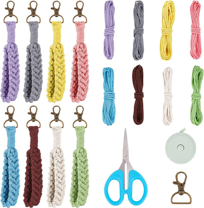 8 Set DIY Macrame Boho Keychain Bracelet Kit Handmade Boho Wristlet Keychain Macrame Key Wristlet Keyring Holder Wrist Lanyard for Women