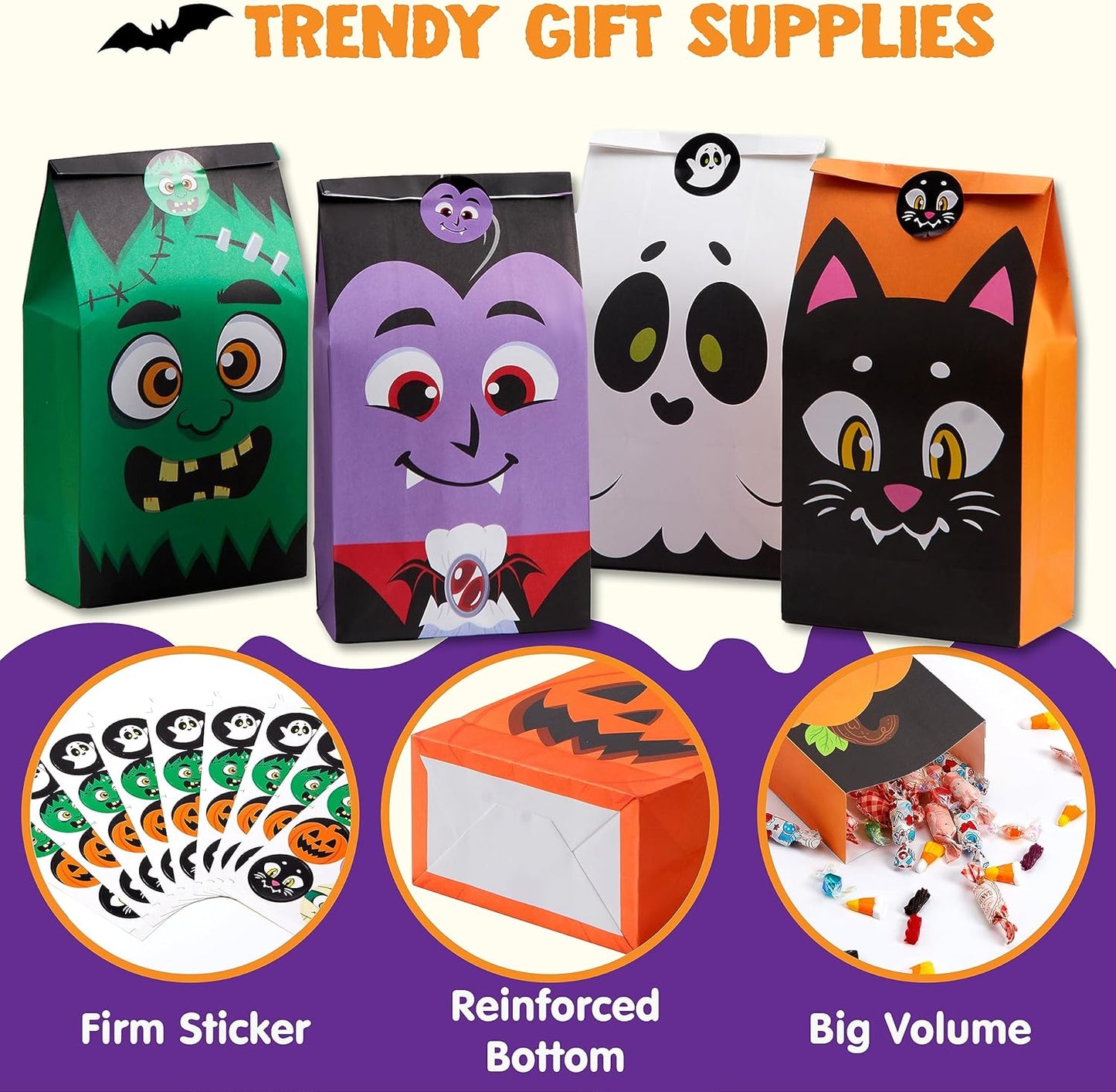 72PCS Halloween Treat Bags, 6 Styles Trick or Treat Paper Bags with Stickers, Halloween Goodie Bags for Kids, Halloween Candy Bags, Halloween Party Favors Decorations