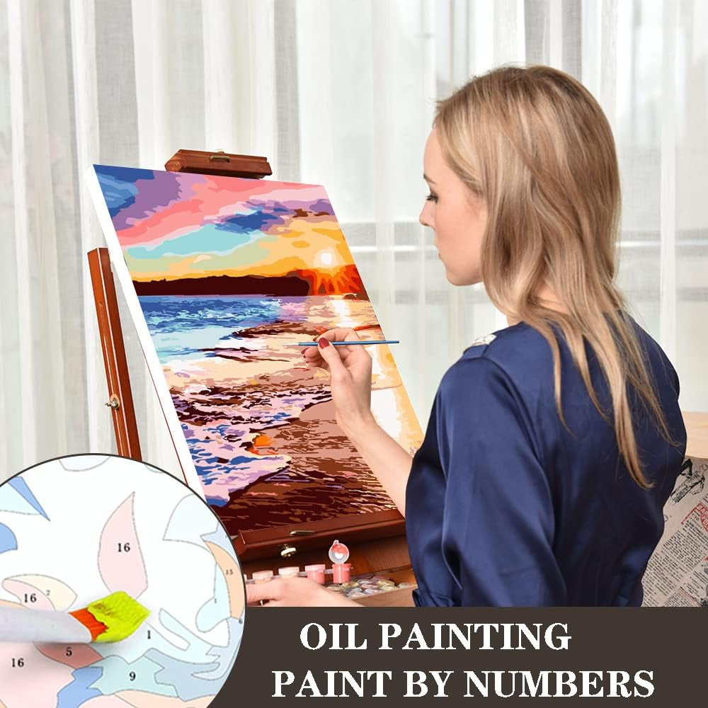 Paint by Numbers for Adults - DIY Adult Paint by Number Kits Pack on Canvas Sunset Beach Painting by Numbers for Beginners,Acrylic Paint Boat on Mountains Lake Crafts for Home Decor (11.8X15.8Inch)
