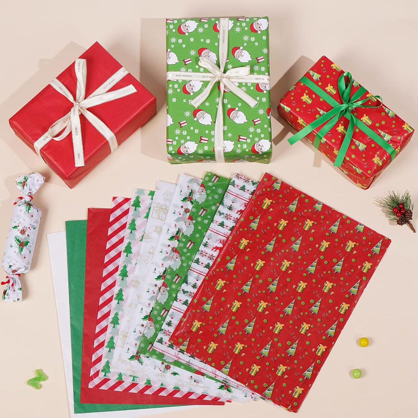 160 Sheets Tissue Paper, 19.7" X 19.7" Christmas Tissue Paper for Gift Bags, Xmas Tissue Paper for Gift Wrapping and DIY Gift Bags, Christmas Presents, Holiday Crafts (160)