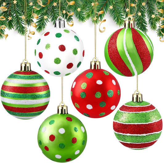 6Pcs Large Christmas Balls Ornament 3.94 Inch Polka Dot Hanging Xmas Balls for Tree Decoration Red Green and White Glittering Plastic Christmas Baubles for Home Indoor Holiday Party Decor