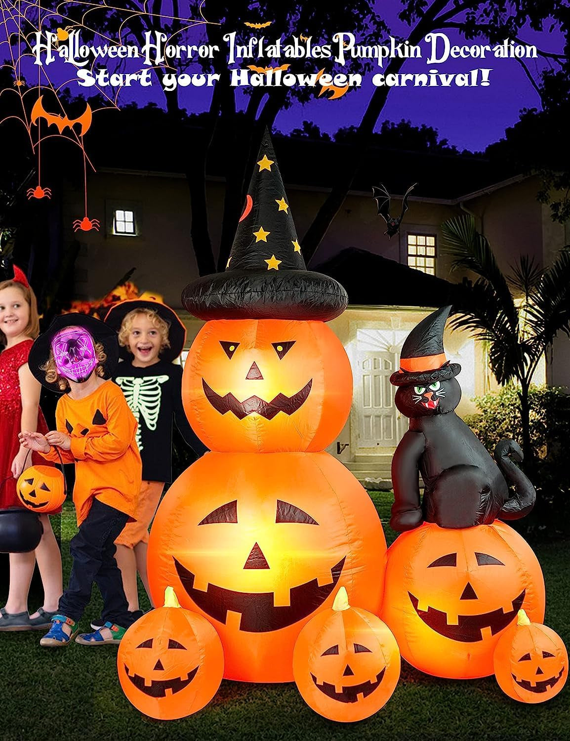6 FT Halloween Inflatable Decorations Spooky Ghost Pumpkin Lighted and Witch'S Cat, Halloween Decorations Outdoor Inflatables Pumpkin Combo with Build-In LED Blow up Inflatables for Yard Garden