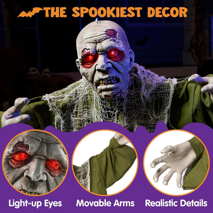 Halloween Animated Zombie Groundbreaker with Light up Eyes Creepy Animatronic Decorations with Movable Arms for Halloween Party Prop and Outdoor Lawn Patio Yard Decor Halloween Decorations