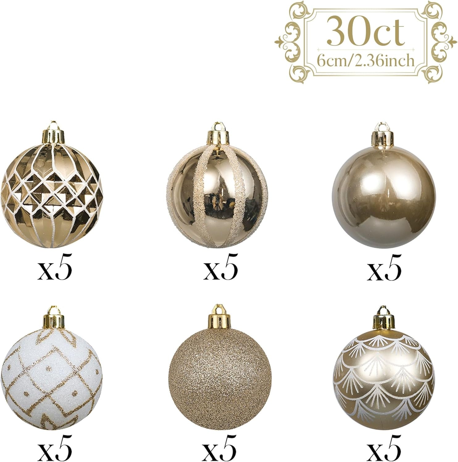 Christmas Ornaments Set, 30Ct White and Gold Shatterproof Christmas Tree Decorations Ball Ornaments Bulk, 2.36 Inches Elegant Hanging Ornaments for Xmas Trees Holiday Decor