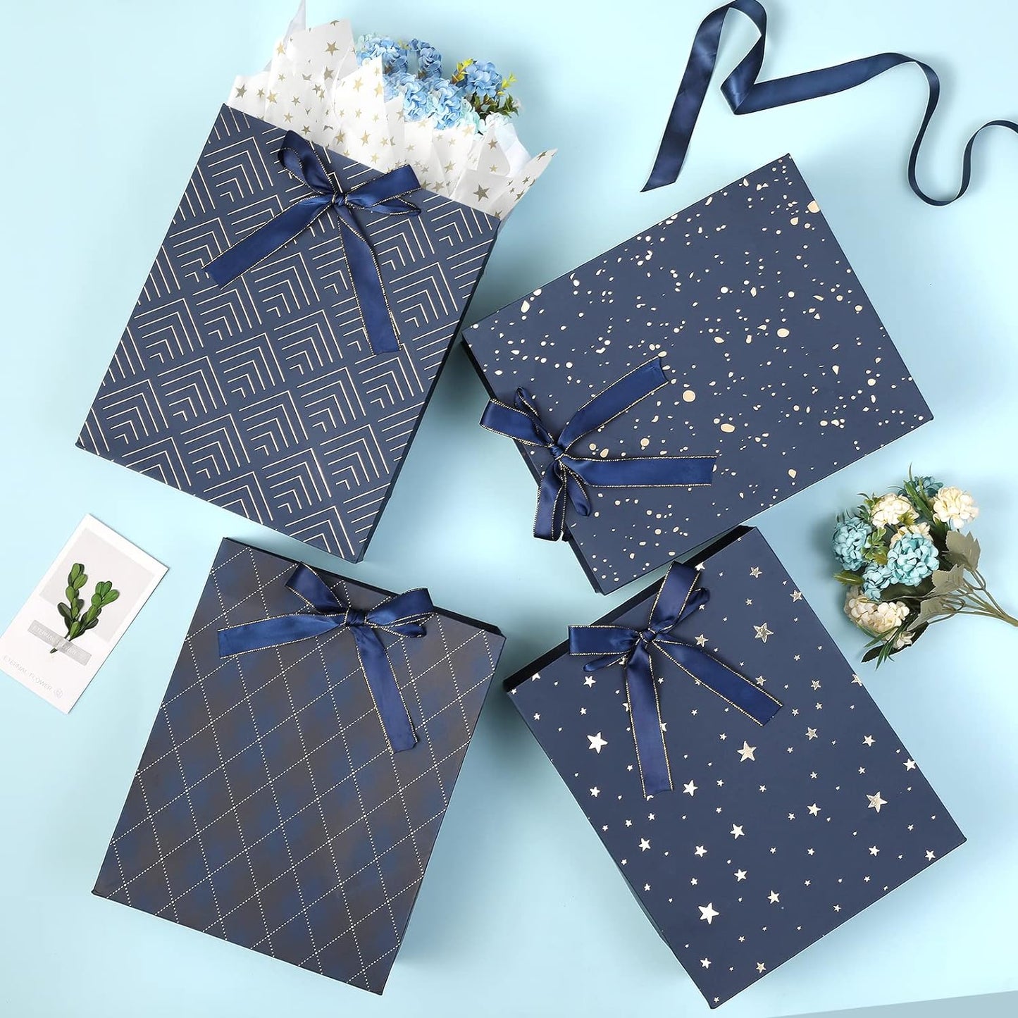 4 Pack 9" Medium Size Gift Bags Assorted Premium Blue Gift Bags with Tissue Paper Use for Birthdays, Baby Shower,Weddings,Party Favor, Holiday Presents-7" X 4" X 9"