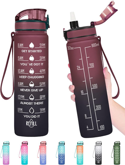 32 Oz Water Bottle, Leakproof BPA & Toxic Free, Motivational Water Bottle with Times to Drink and Straw, Fitness Sports Water Bottle with Strap for Office, Gym, Outdoor Sports, Gray-Black