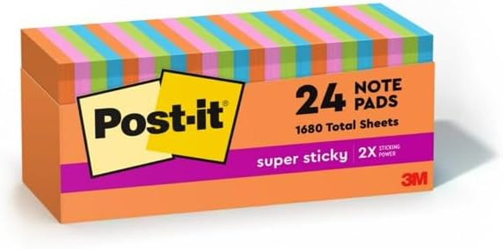 Super Sticky Notes, 3X3 In, 24 Pads, 2X the Sticking Power,Energy Boost Collection, Bright Colors (Orange, Pink, Blue, Green), Recyclable