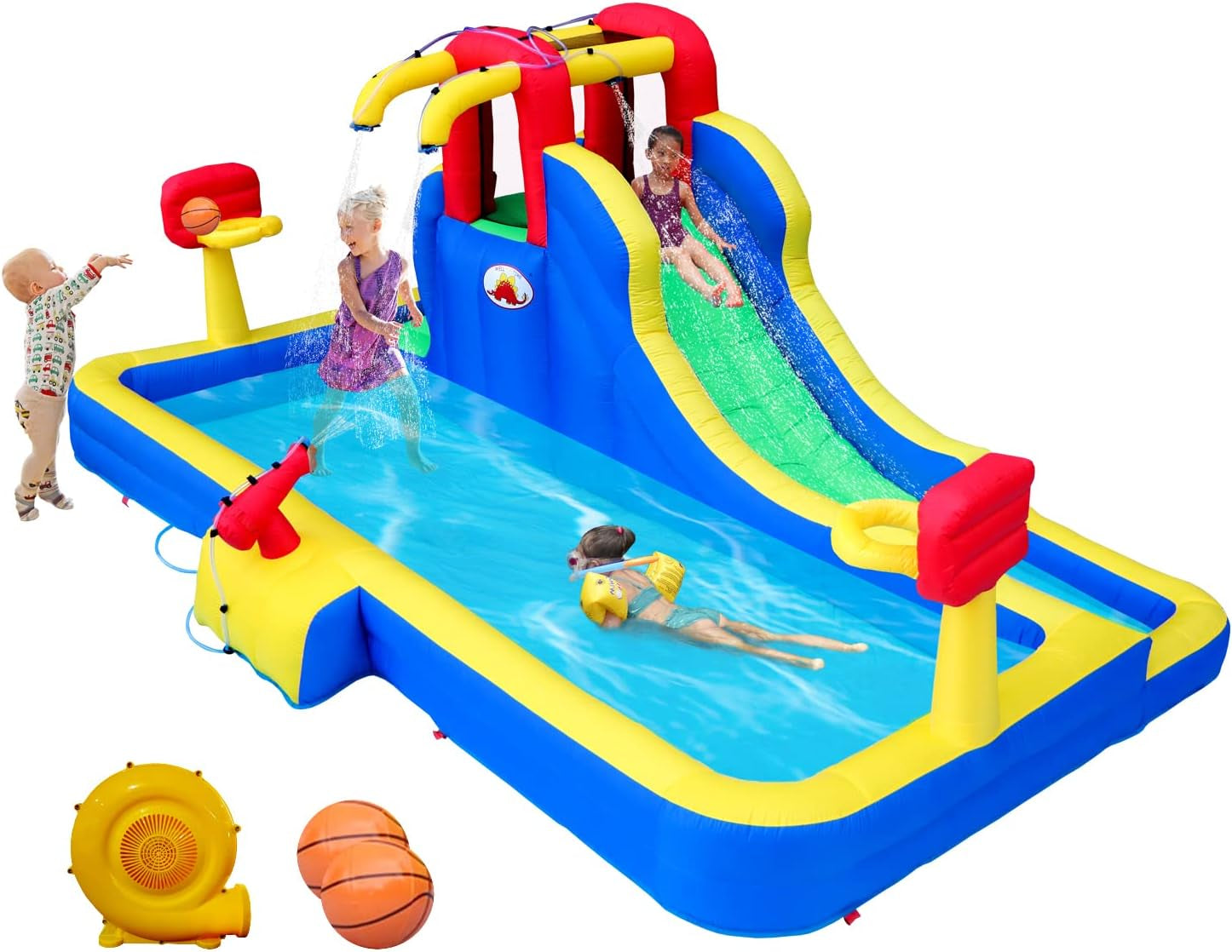 Inflatable Water Park with Blower, Slide with Water Cannon and Double Basketball Rings