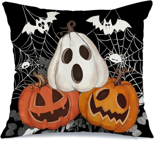 Halloween Pillow Cover 18X18 Inch Jack-O'-Lantern Bat Web Decorations Holiday Farmhouse Pillow Cases for Sofa Couch Decor (Black) AA601-18